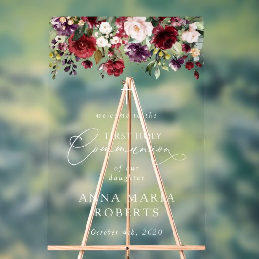 Red Flowers, Boho, First Holy Communion Welcome アクリルサイン (ニュートラル)