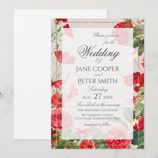 Red flowers bouquet Wedding Invitation 招待状 (正面/裏面)