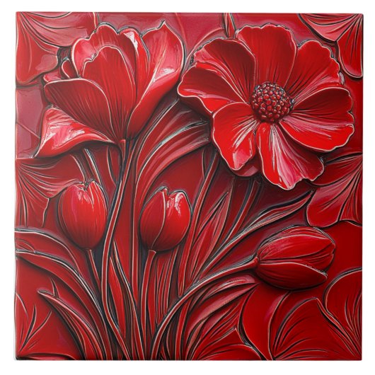 Red Flowers Ceramic Tile タイル (正面)