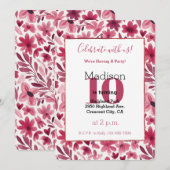 Red Flowers Hearts Birthday 招待状 (正面/裏面)