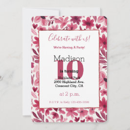 Red Flowers Hearts Birthday 招待状