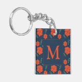 Red Flowers Pattern Dark Blue Monogram キーホルダー (正面左)