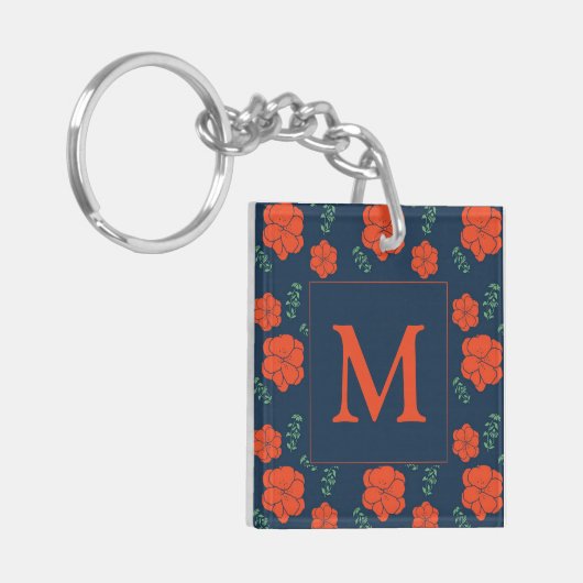Red Flowers Pattern Dark Blue Monogram キーホルダー (正面左)