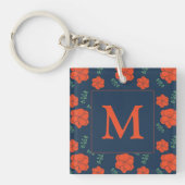 Red Flowers Pattern Dark Blue Monogram キーホルダー (正面)