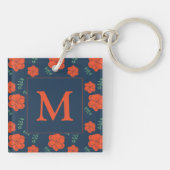 Red Flowers Pattern Dark Blue Monogram キーホルダー (裏面)