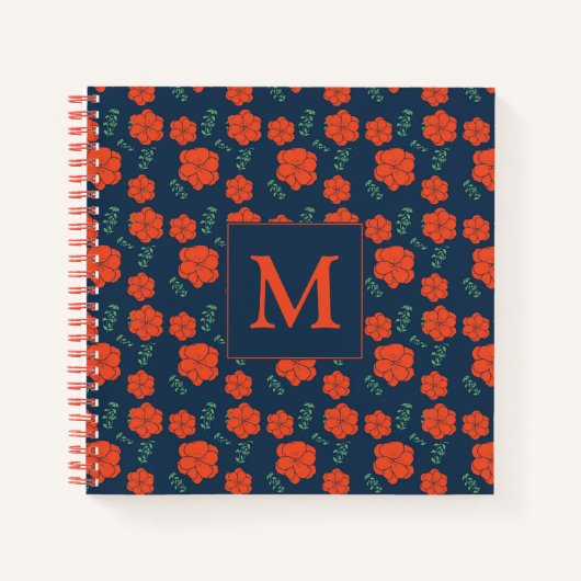 Red Flowers Pattern Dark Blue Monogram ノートブック (正面)