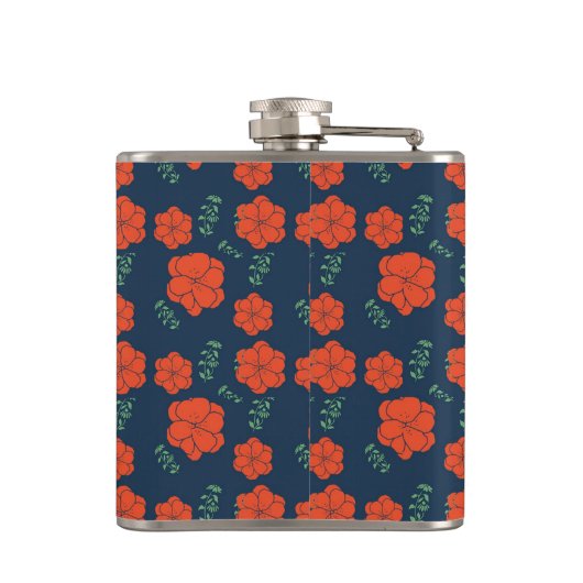 Red Flowers Pattern Dark Blue Monogram フラスク (裏面)