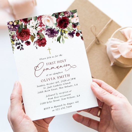 Red Flowers, Pink Flowers, First Holy Communion 招待状