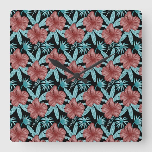 Red flowers tropical seamless pattern &blue leaves スクエア壁時計 (正面)