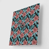 Red flowers tropical seamless pattern &blue leaves スクエア壁時計 (傾斜)