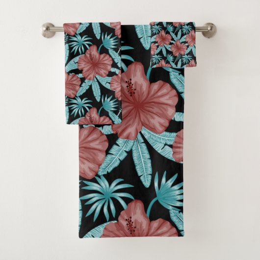 Red flowers tropical seamless pattern &blue leaves バスタオルセット (インサイチュ)
