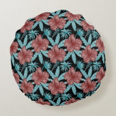 Red flowers tropical seamless pattern &blue leaves ラウンドクッション (裏面)