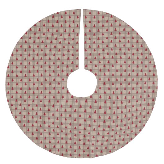 Red Forest Rows on Warm Beige Grid ブラッシュドポリエステルツリースカート (正面)
