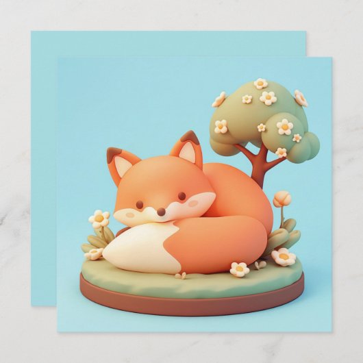 Red Fox 3D Clay Style Floral Tree Postcard (正面/裏面)