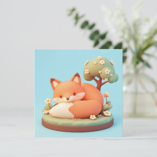 Red Fox 3D Clay Style Floral Tree Postcard (スタンド正面)
