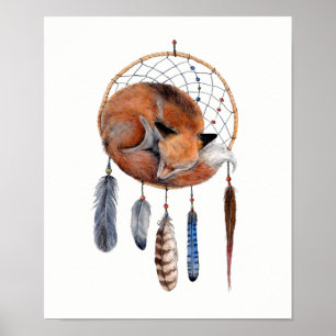 Red Fox Sleeping on Dreamcatcher ポスター