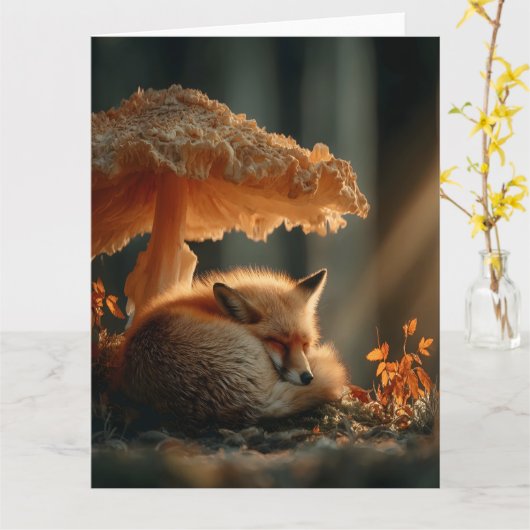 Red Fox Sleeping Under Giant Mushroom カード (黄色い花)