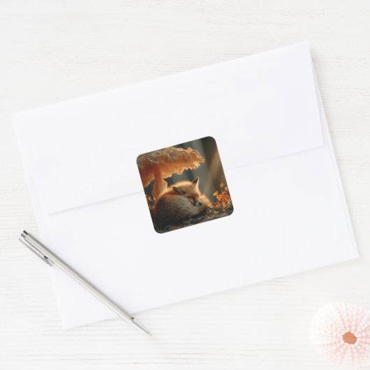 Red Fox Sleeping Under Giant Mushroom スクエアシール (封筒)