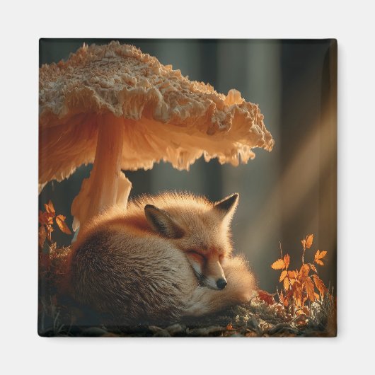 Red Fox Sleeping Under Giant Mushroom マグネット (正面)