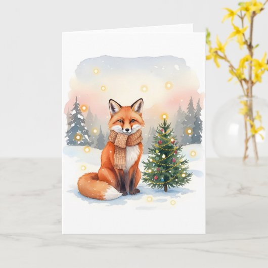 Red Fox with Brown Scarf and Christmas Tree カード (黄色い花)