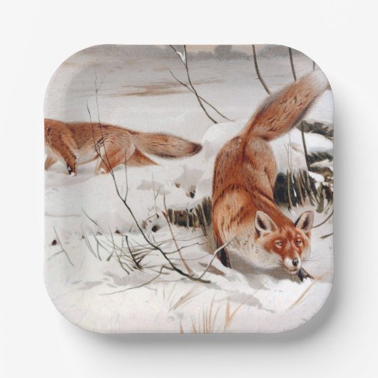 Red Foxes in Snow at Winter (by Wilhelm Kuhnert) ペーパープレート (正面)