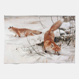 Red Foxes in the Winter Snow (by Wilhelm Kuhnert) キッチンタオル