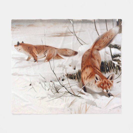 Red Foxes in the Winter Snow (by Wilhelm Kuhnert) フリースブランケット (正面(横))