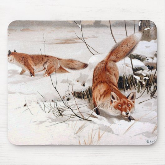 Red Foxes in the Winter Snow (by Wilhelm Kuhnert) マウスパッド (正面)