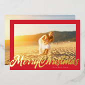 Red Frame & Gold Merry Christmas Photo 箔シーズンカード (正面/裏面)