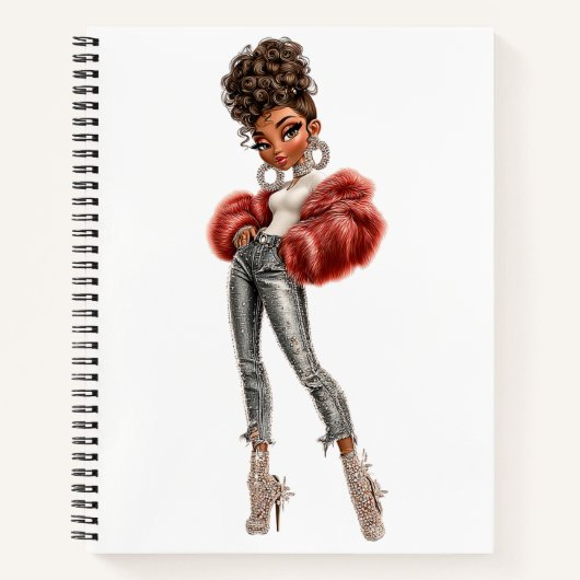  Red Fur Glam Girl Spiral Notebook ノートブック (正面)