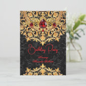 Red Gems Gold Black Lace Damask Birthday Party 招待状 (スタンド正面)