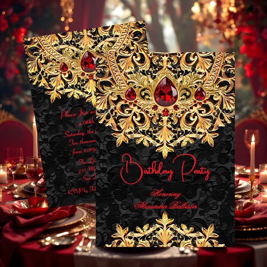 Red Gems Gold Black Lace Damask Birthday Party 招待状