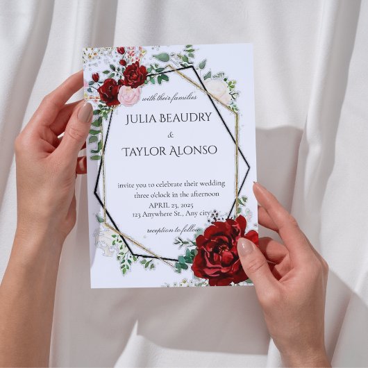 red Geometric Floral Wedding Invitation 招待状