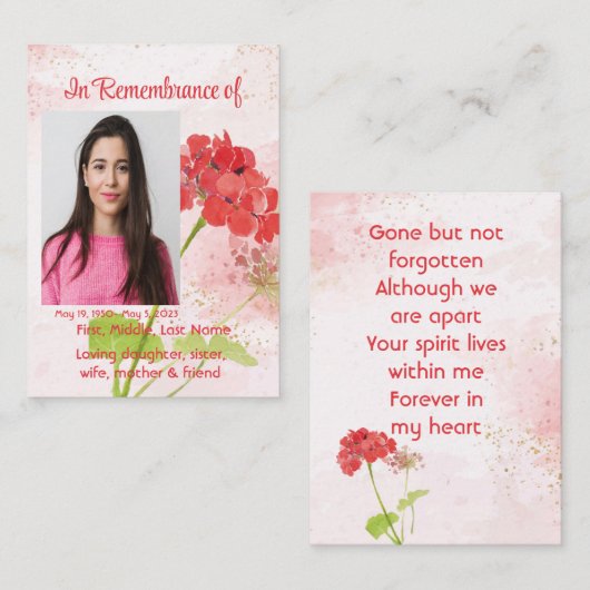 Red Geranium Memorial Pocket Keepsake 名刺 (正面/裏面)