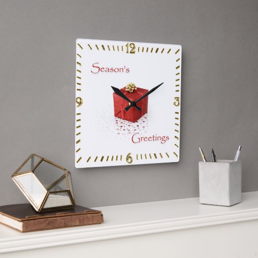 Red Gift Box Season's Greetings Clock スクエア壁時計 (オフィス)