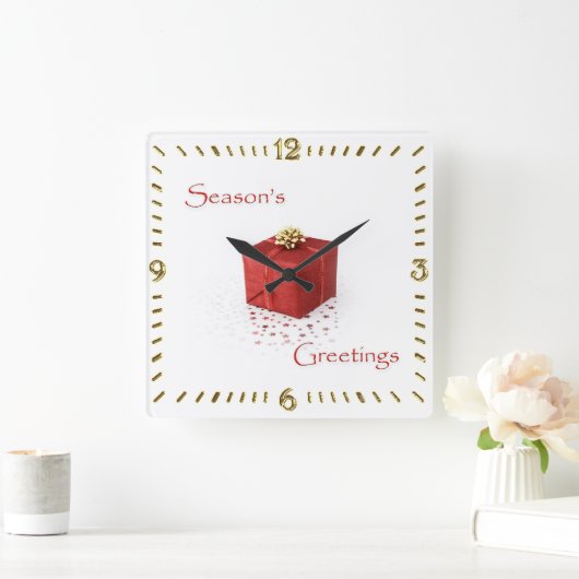 Red Gift Box Season's Greetings Clock スクエア壁時計 (ホーム)