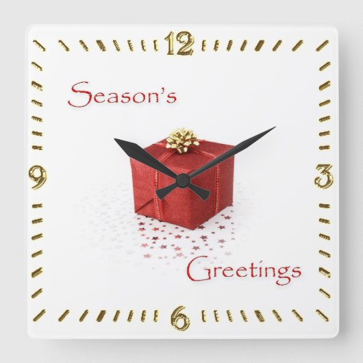 Red Gift Box Season's Greetings Clock スクエア壁時計 (正面)