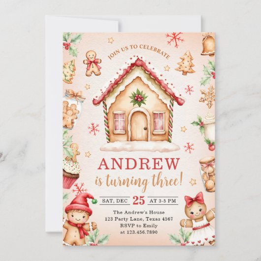 Red Gingerbread House Birthday Party 招待状 (正面)