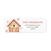 Red Gingerbread House Christmas Return Address ラベル (正面)