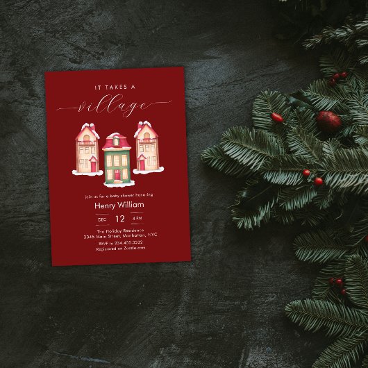 Red Gingerbread It Takes A Village Boy Baby Shower 招待状