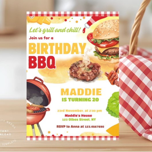 Red Gingham Bbq Barbecue Birthday Party Invitation 招待状