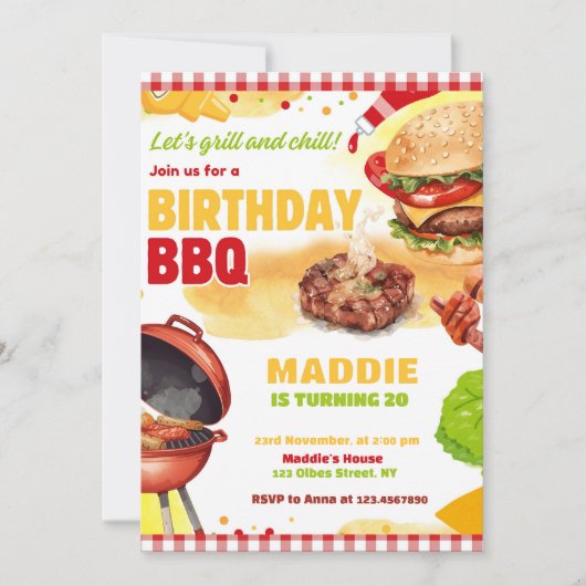 Red Gingham Bbq Barbecue Birthday Party Invitation 招待状 (正面)