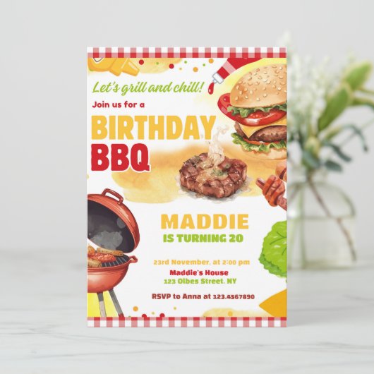 Red Gingham Bbq Barbecue Birthday Party Invitation 招待状 (スタンド正面)