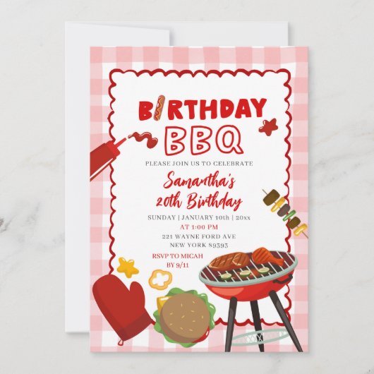 Red Gingham Birthday BBQ invitation 招待状 (正面)