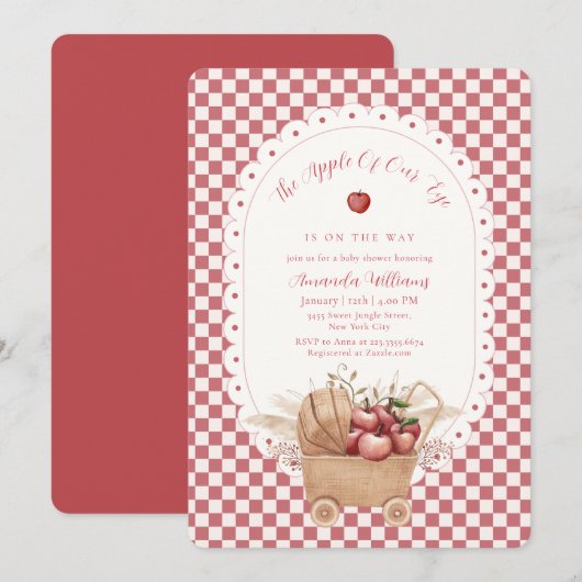 Red Gingham Boho Apple Of Our Eye ベビーシャワー 招待状 (正面/裏面)