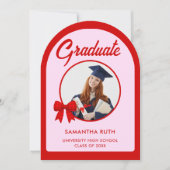 Red Gingham Bow Arch Photo Graduation Party 招待状 (正面)