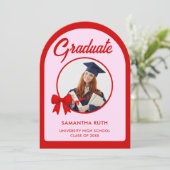 Red Gingham Bow Arch Photo Graduation Party 招待状 (スタンド正面)