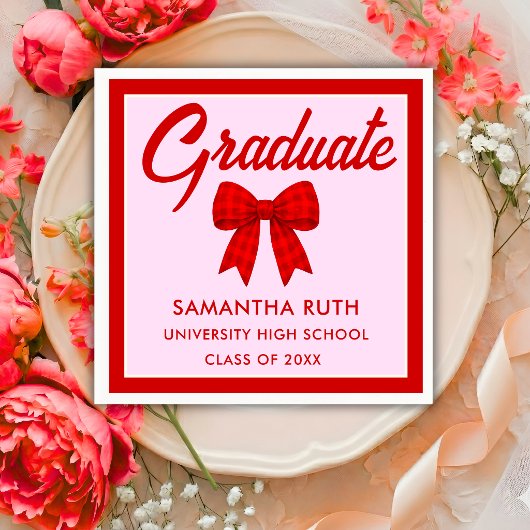 Red Gingham Bow Graduation Party スタンダードカクテルナプキン