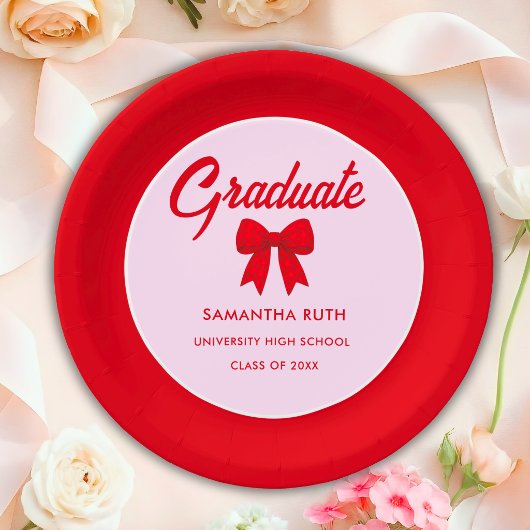 Red Gingham Bow Graduation Party ペーパープレート