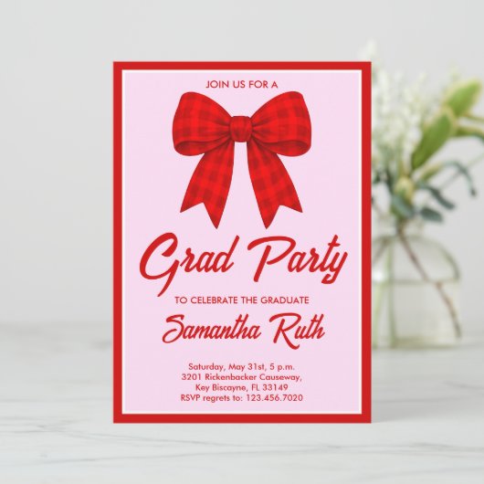Red Gingham Bow Graduation Party 招待状 (スタンド正面)
